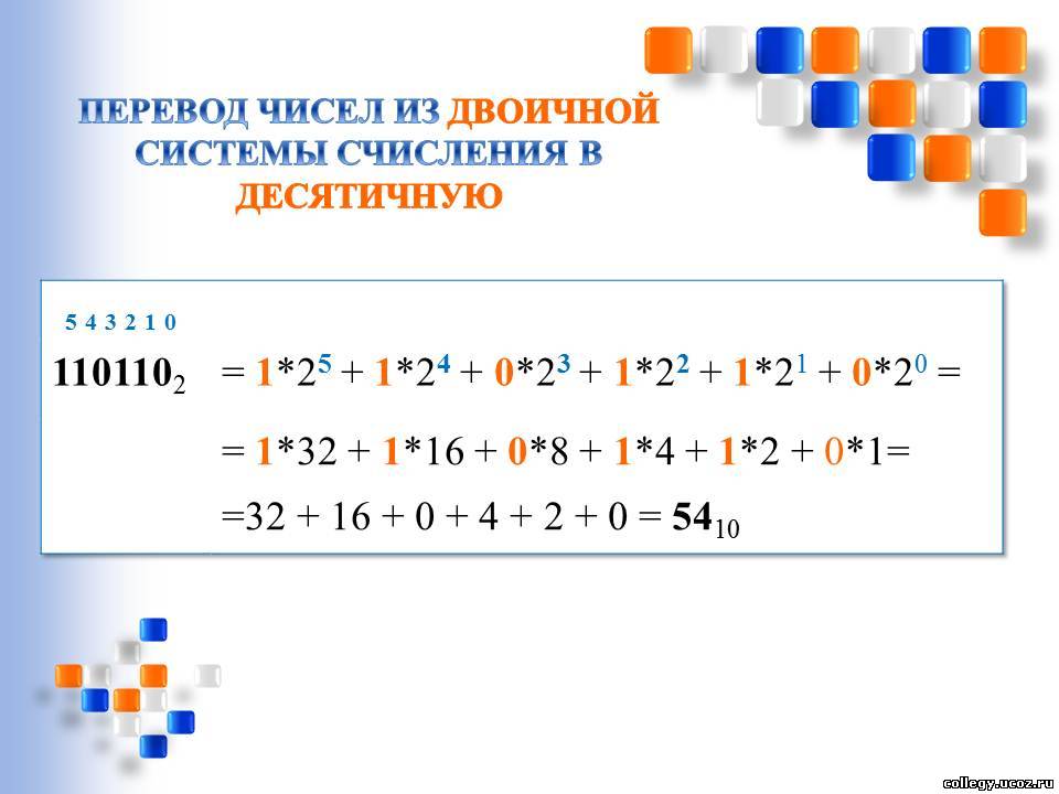 1. Перевод чисел из двоичной системы счисления в десятичную.
